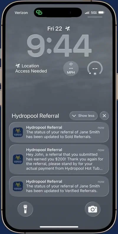 Hydropool Referral reward notifications on a phone lock screen